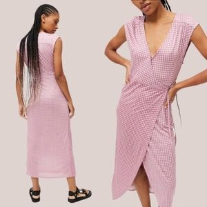 NWOT Urban Outfitters Zina Checkered Wrap V-Neck Midi Dress Pink